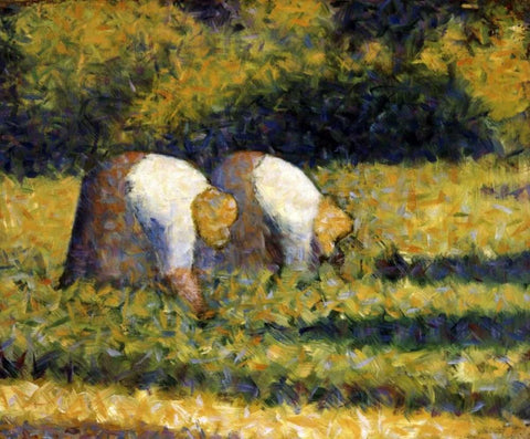 Farm Women at Work White Modern Wood Framed Art Print with Double Matting by Seurat, Georges