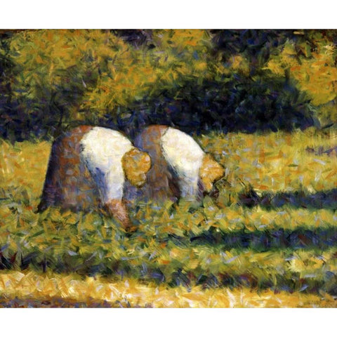 Farm Women at Work Gold Ornate Wood Framed Art Print with Double Matting by Seurat, Georges