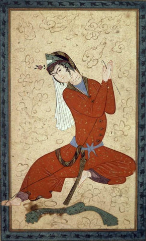 Seated Woman at Rest White Modern Wood Framed Art Print with Double Matting by Shah Abbas School