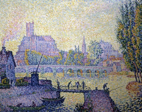 Bridge at Auxerre Le Pont Due Auxerre Black Ornate Wood Framed Art Print with Double Matting by Signac, Paul