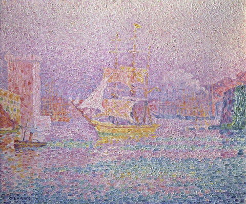 Harbor of Marseille Black Ornate Wood Framed Art Print with Double Matting by Signac, Paul