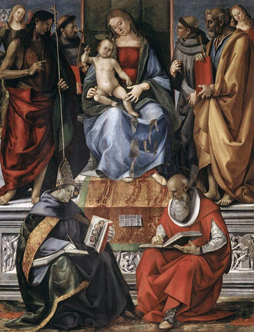 Madonna With Child Among Saints Black Ornate Wood Framed Art Print with Double Matting by Signorelli, Luca