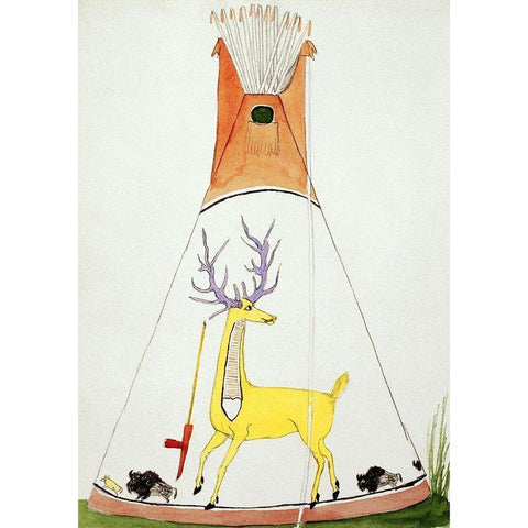 Teepee With Large Yellow Deer and Small Buffalo Gold Ornate Wood Framed Art Print with Double Matting by Silverhorn