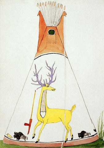 Teepee With Large Yellow Deer and Small Buffalo Black Ornate Wood Framed Art Print with Double Matting by Silverhorn