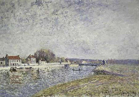 Le Barage, Canal du Loins a Saint-Mammes White Modern Wood Framed Art Print with Double Matting by Sisley, Alfred