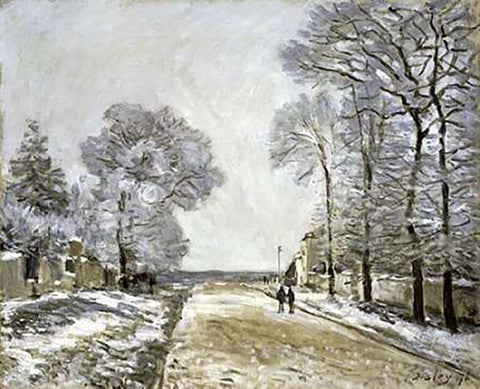 The Road, Effect of Snow (La Route, Effet de Neige) White Modern Wood Framed Art Print with Double Matting by Sisley, Alfred