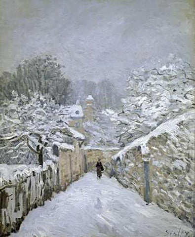 The Snow in Louveciennes Black Ornate Wood Framed Art Print with Double Matting by Sisley, Alfred