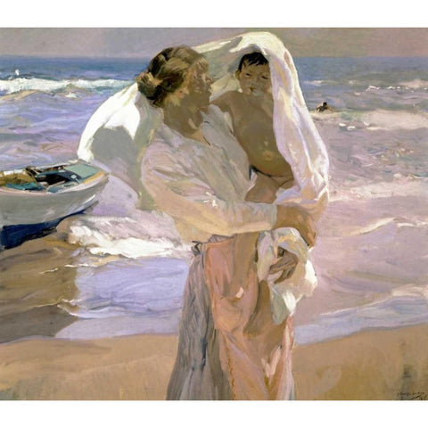 After the Bath White Modern Wood Framed Art Print by Bastida, Joaquin Sorrolla