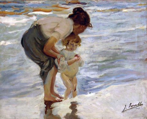At the Beach - En la Playa Black Ornate Wood Framed Art Print with Double Matting by Bastida, Joaquin Sorrolla