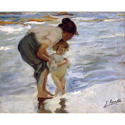 At the Beach - En la Playa Black Modern Wood Framed Art Print by Bastida, Joaquin Sorrolla