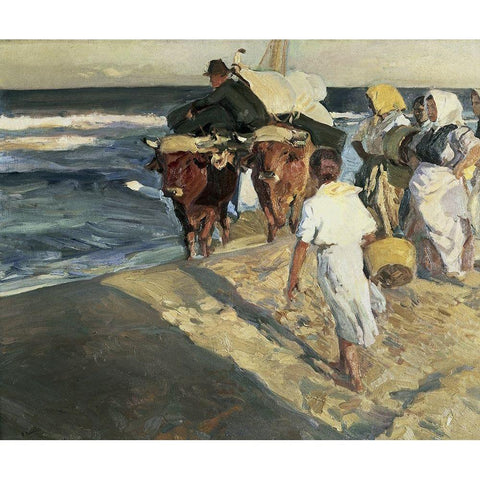 Taking Out the Boat White Modern Wood Framed Art Print by Sorrolla y Bastida, Joaquin