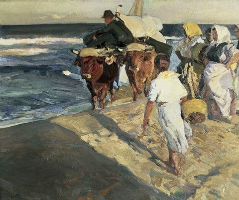 Taking Out the Boat White Modern Wood Framed Art Print with Double Matting by Sorrolla y Bastida, Joaquin