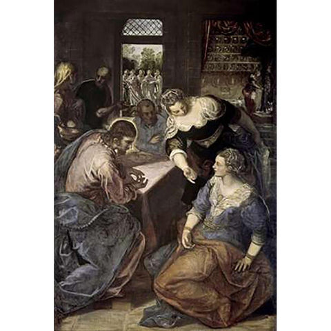 Museumist In The House of Mary and Martha White Modern Wood Framed Art Print by Tintoretto, Jacopo