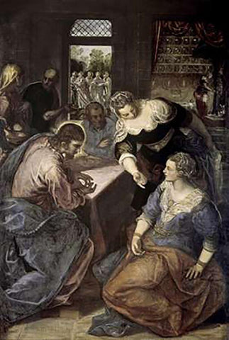 Museumist In The House of Mary and Martha Black Ornate Wood Framed Art Print with Double Matting by Tintoretto, Jacopo