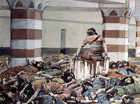 Abimelech Slays His Seventy Brethren White Modern Wood Framed Art Print with Double Matting by Tissot, James