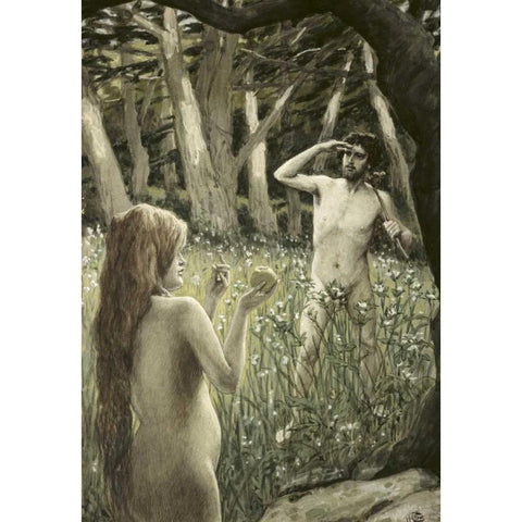 Adam Tempted by Eve Gold Ornate Wood Framed Art Print with Double Matting by Tissot, James Jacques