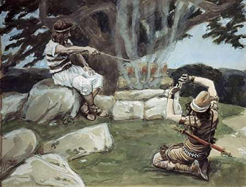 Angel Puts Fire On The Alter of Gideon White Modern Wood Framed Art Print with Double Matting by Tissot, James