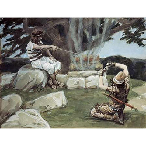 Angel Puts Fire On The Alter of Gideon Black Modern Wood Framed Art Print with Double Matting by Tissot, James