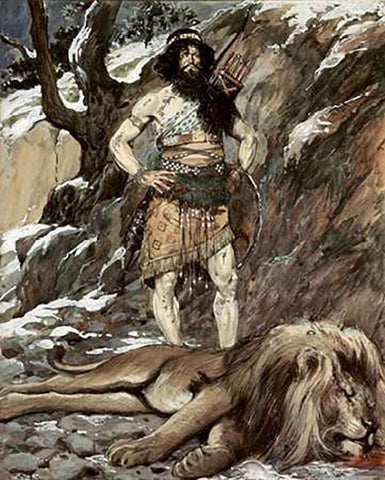 Benaiah, Who Slew The Lion White Modern Wood Framed Art Print with Double Matting by Tissot, James