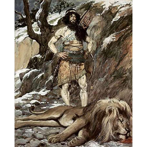 Benaiah, Who Slew The Lion Black Modern Wood Framed Art Print by Tissot, James