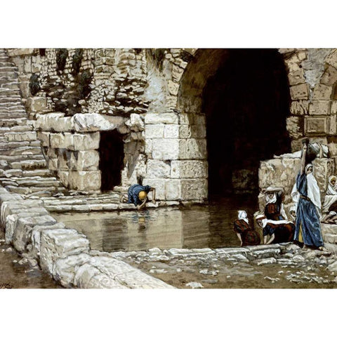Blind Man Washes In The Pool of Siloam White Modern Wood Framed Art Print by Tissot, James Jacques