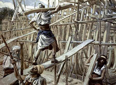 Building of The Ark White Modern Wood Framed Art Print with Double Matting by Tissot, James