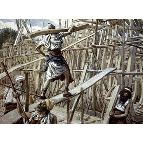 Building of The Ark Black Modern Wood Framed Art Print with Double Matting by Tissot, James