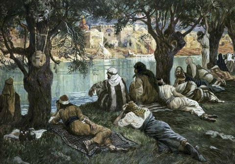 By The Waters of Babylon Black Ornate Wood Framed Art Print with Double Matting by Tissot, James Jacques