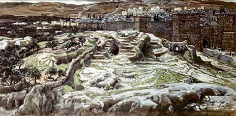 Calvary From The Walls of Herods Palace White Modern Wood Framed Art Print with Double Matting by Tissot, James