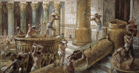 Chaldees Destroy The Brazen Sea Black Ornate Wood Framed Art Print with Double Matting by Tissot, James Jacques