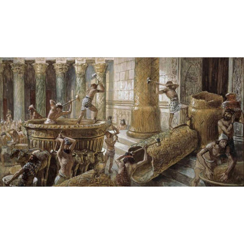 Chaldees Destroy The Brazen Sea Gold Ornate Wood Framed Art Print with Double Matting by Tissot, James Jacques