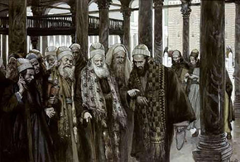 Chief Priests Take Counsel Together White Modern Wood Framed Art Print with Double Matting by Tissot, James