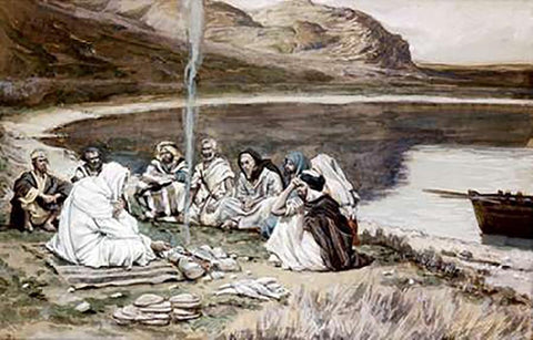 Museumist Eating With His Disciples White Modern Wood Framed Art Print with Double Matting by Tissot, James