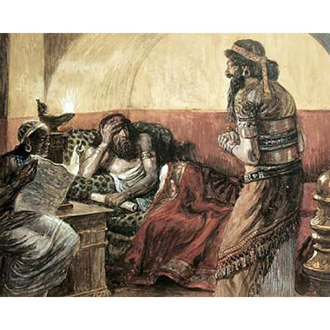 Museumonicles Are Read To Ahasuerus Black Modern Wood Framed Art Print with Double Matting by Tissot, James