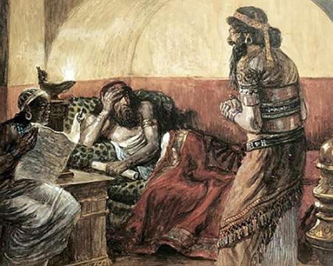 Museumonicles Are Read To Ahasuerus Black Ornate Wood Framed Art Print with Double Matting by Tissot, James