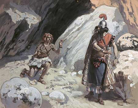 David and Saul In The Cave White Modern Wood Framed Art Print with Double Matting by Tissot, James