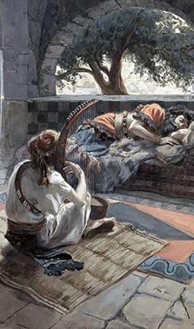 David Plays The Harp Before Saul White Modern Wood Framed Art Print with Double Matting by Tissot, James