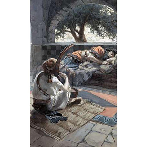 David Plays The Harp Before Saul White Modern Wood Framed Art Print by Tissot, James