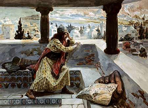 David Sees Bath-Sheba Bathing White Modern Wood Framed Art Print with Double Matting by Tissot, James