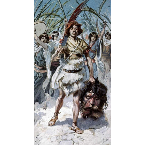 David Takes The Head of Goliath To Jerusalem Gold Ornate Wood Framed Art Print with Double Matting by Tissot, James Jacques