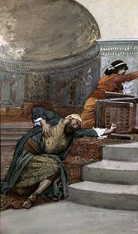 Eglon Slain By Ehud White Modern Wood Framed Art Print with Double Matting by Tissot, James