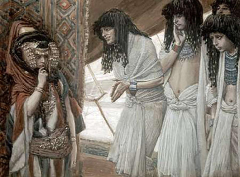 Egyptians Admire Sarahs (Sarai) Beauty White Modern Wood Framed Art Print with Double Matting by Tissot, James