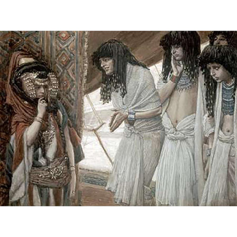 Egyptians Admire Sarahs (Sarai) Beauty White Modern Wood Framed Art Print by Tissot, James