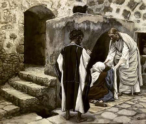 Healing of Simons Mother-In-Law White Modern Wood Framed Art Print with Double Matting by Tissot, James