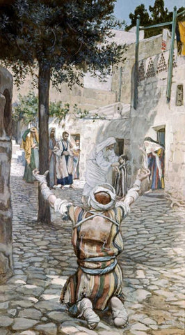 Healing The Leper at Capernaum White Modern Wood Framed Art Print with Double Matting by Tissot, James Jacques