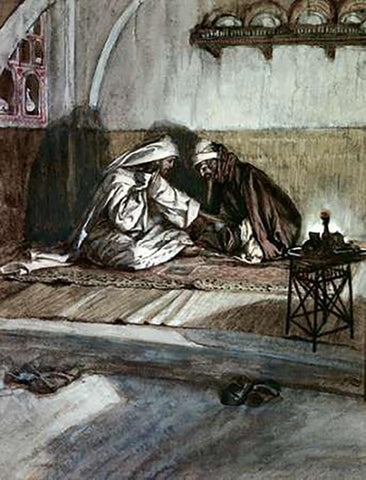 Interview Between Jesus and Nicodemus White Modern Wood Framed Art Print with Double Matting by Tissot, James
