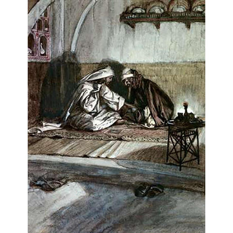 Interview Between Jesus and Nicodemus White Modern Wood Framed Art Print by Tissot, James