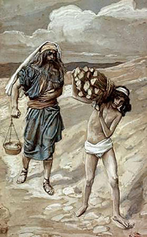 Isaac Bears The Wood For His Sacrifice White Modern Wood Framed Art Print with Double Matting by Tissot, James
