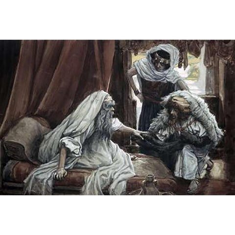 Jacob Deceives Isaac White Modern Wood Framed Art Print by Tissot, James