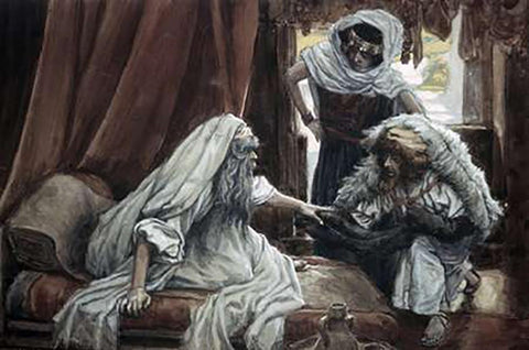 Jacob Deceives Isaac White Modern Wood Framed Art Print with Double Matting by Tissot, James